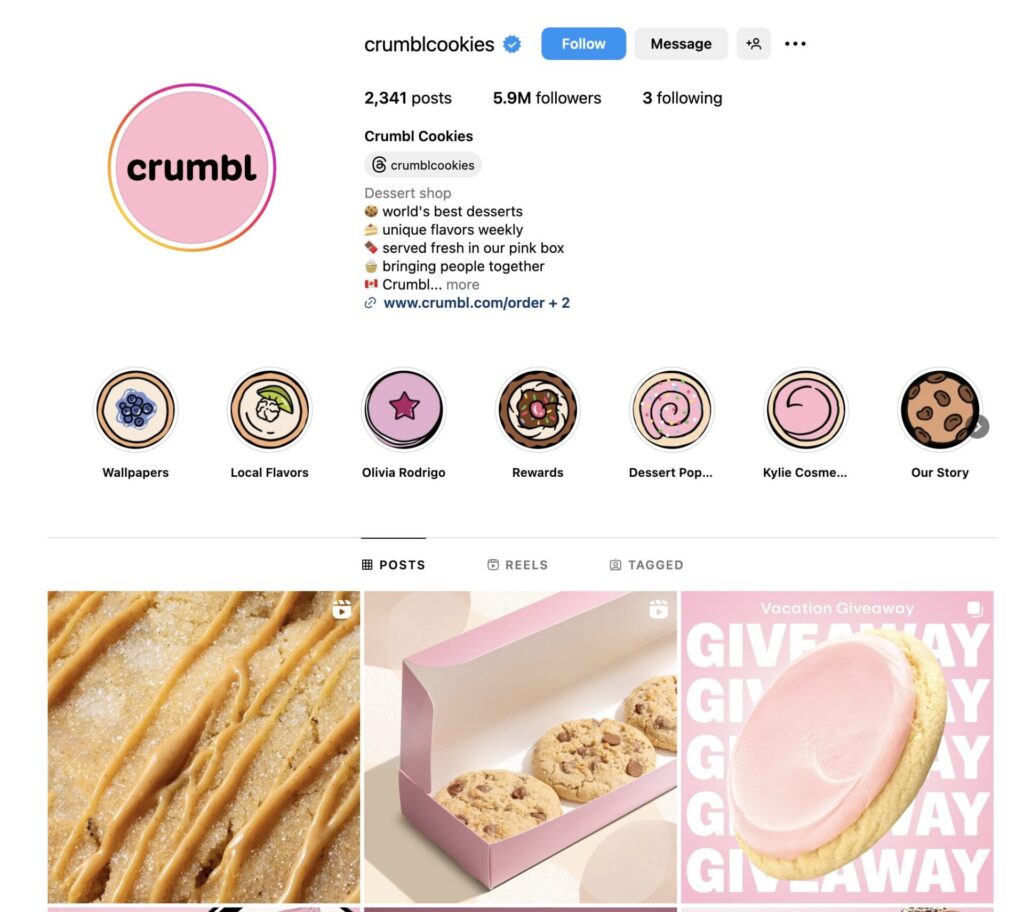 Shot of Crumbl Social Media Page